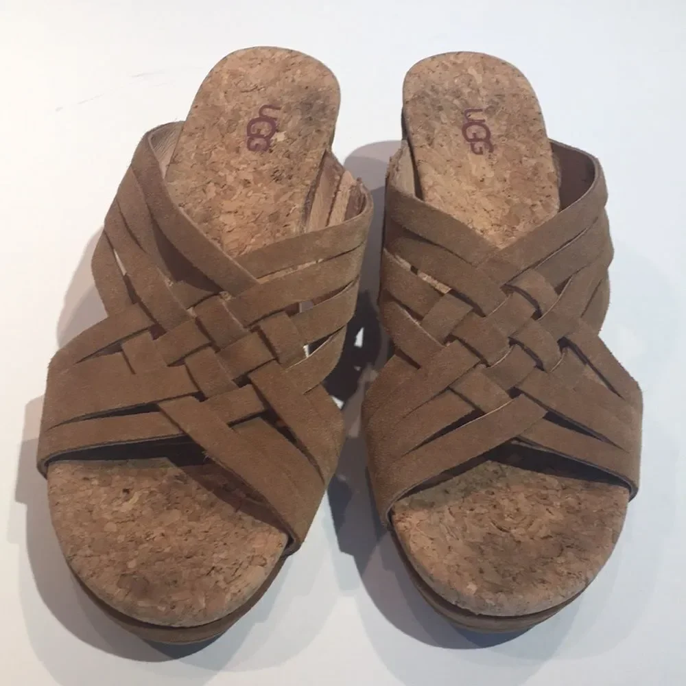 Ugg Shoes Lilah Tan Suede Wedge Sandals size 8